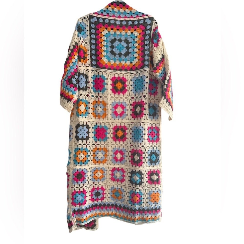 POL Crochet Knit One Size Duster Cardigan Open-Front Colorful Granny Square - Picture 5 of 5